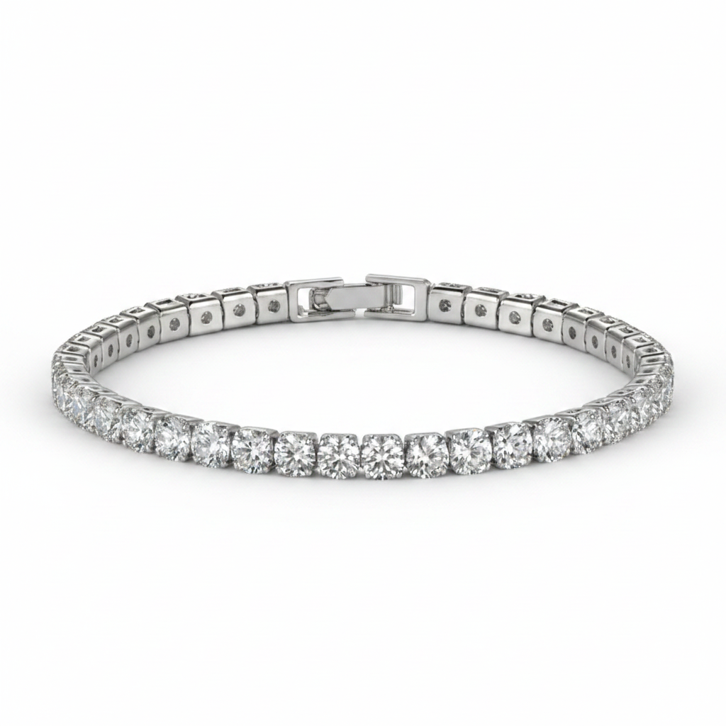 The Bracelet — iced rhinestone tennis bracelet, silver-tone, on black