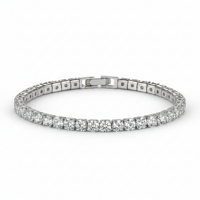 The Bracelet — iced rhinestone tennis bracelet, silver-tone, on black